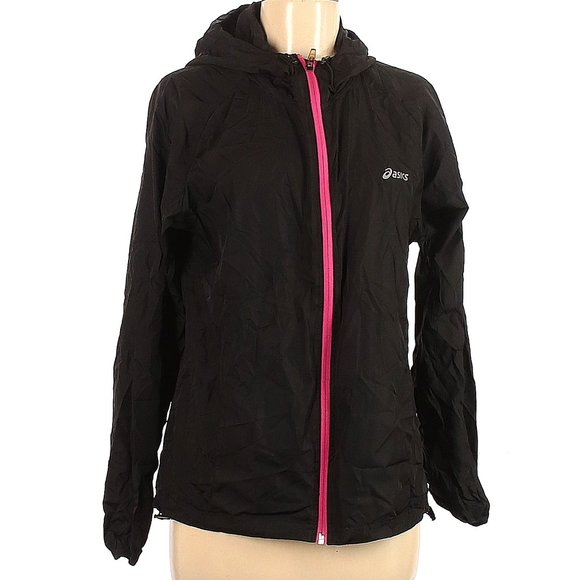 Asics Jackets & Blazers - Asics Black Packable Jacket Water Wind Resistant Black with Pink Trim